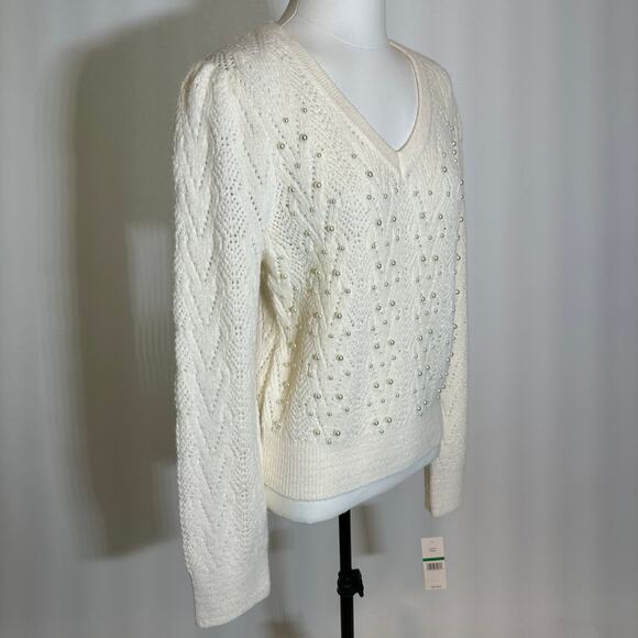 NWT Nanette Lepore Cream Pearl Bead Knit V-Neck Sweater Womens Large L Coquette - Picture 2 of 10